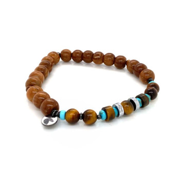 TIGER EYE BRACELET WITH HEMATITE, HALLULITE, TURQUOISE AND OAK WOOD