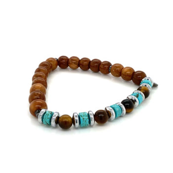 TIGER EYE BRACELET WITH HEMATITE, HALLULITE, TURQUOISE AND COKE WOOD