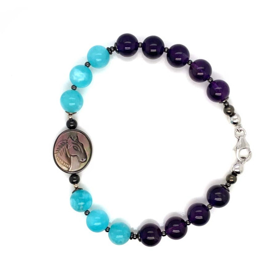 BLACK HORSE BRACELET WITH AMAZONITE AND AMETHYST