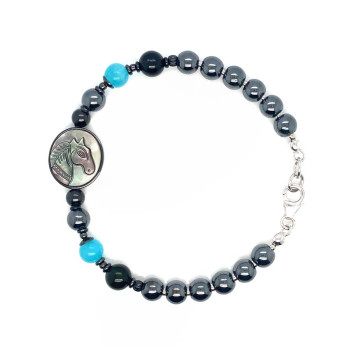 BLACK HORSE BRACELET WITH BLUE JADE AND BLACK TOURMALINE