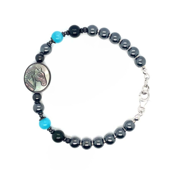 BLACK HORSE BRACELET WITH BLUE JADE AND BLACK TOURMALINE
