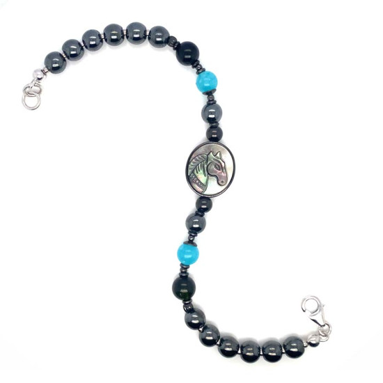BLACK HORSE BRACELET WITH BLUE JADE AND BLACK TOURMALINE