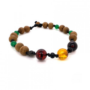 AMBER THREAD BRACELET WITH OUD WOOD AND GREEN AGATE 