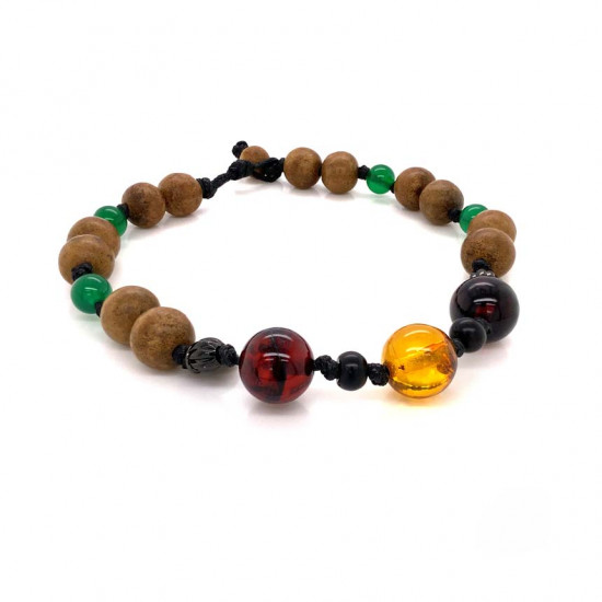 AMBER THREAD BRACELET WITH OUD WOOD AND GREEN AGATE 