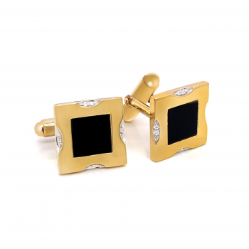 Square golden cufflink with onyx and zircon