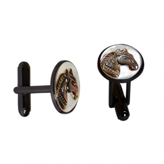 SILVER Cufflinks with a horse shell in two colors with a black frame