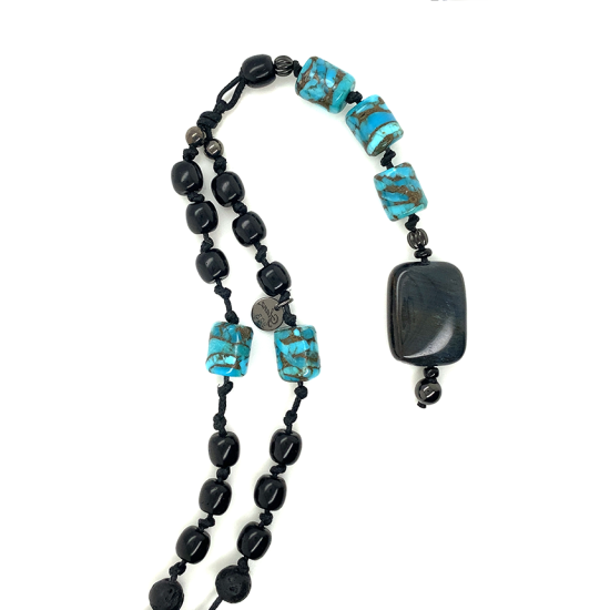 Turquoise men necklace with blue tiger-eye , volcanic stone and black coke wood 