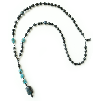 Turquoise men necklace with blue tiger-eye , volcanic stone and black coke wood 