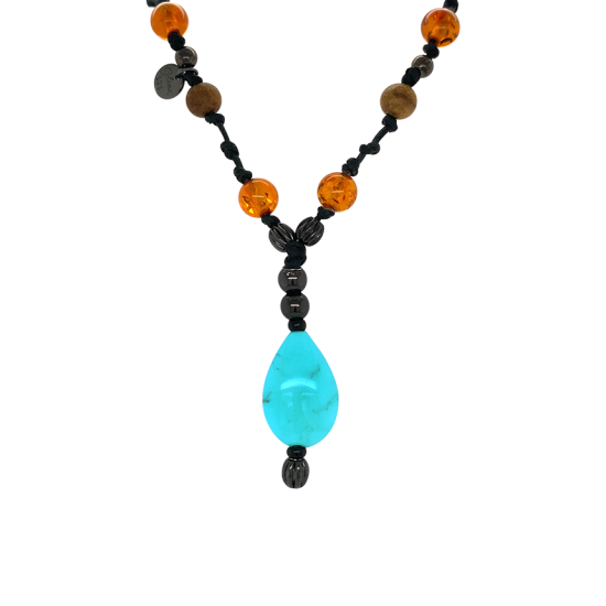 Turquoise necklace with Amber and oud wood 