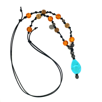 Turquoise necklace with Amber and oud wood 
