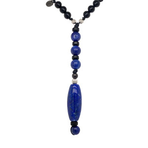 STRING CHAIN WITH LAPIS , KYANITE , BLUE AGATE , BLACE AGATE AND COKE WOOD 