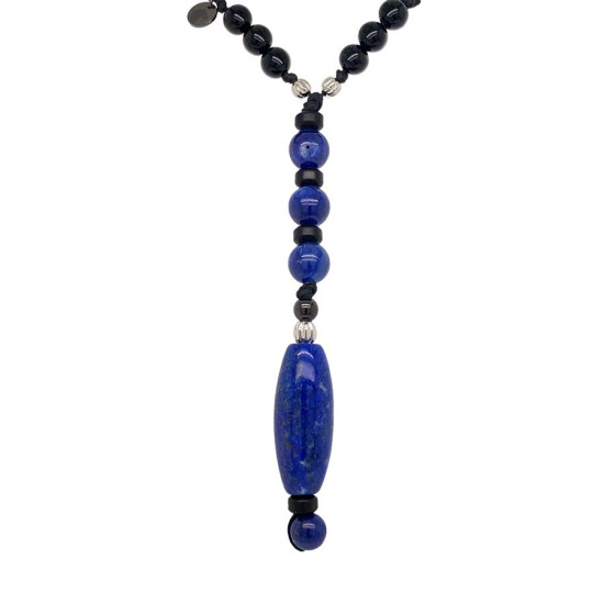 STRING CHAIN WITH LAPIS , KYANITE , BLUE AGATE , BLACE AGATE AND COKE WOOD 