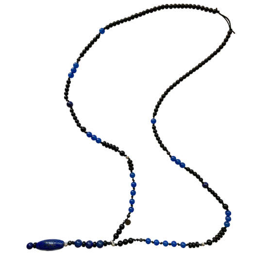 STRING CHAIN WITH LAPIS , KYANITE , BLUE AGATE , BLACE AGATE AND COKE WOOD 