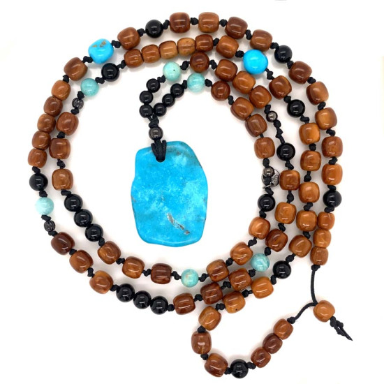 SILVER PLATED TURQUOISE NECKLACE WITH AMAZONITE , ONYX AND COKE WOOD