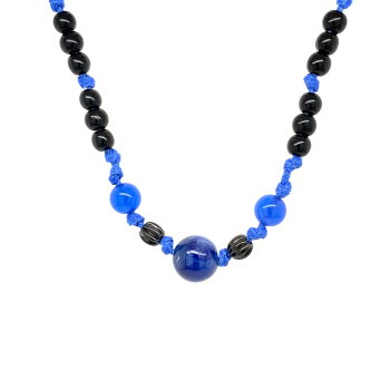 KYANITE THREAD NECKLACE WITH BLUE AGATE BLACK COKE WOOD