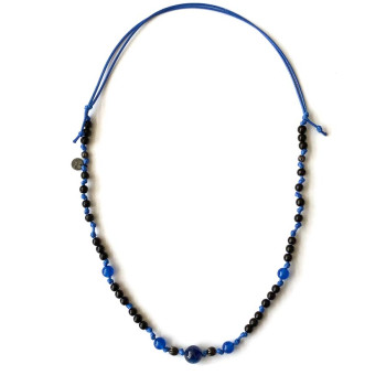 KYANITE THREAD NECKLACE WITH BLUE AGATE BLACK COKE WOOD