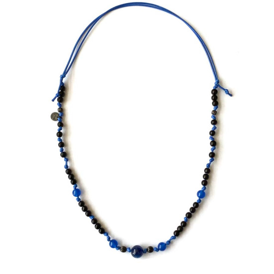 KYANITE THREAD NECKLACE WITH BLUE AGATE BLACK COKE WOOD