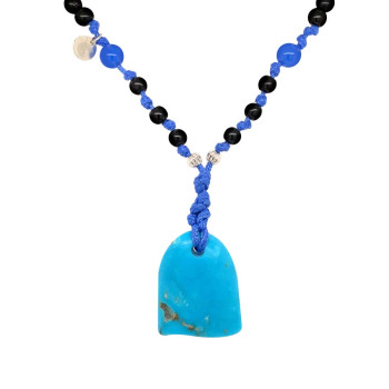 TURQUOISE THREAD NECKLACE WITH  BLUE AGATE BLACK COKE WOOD