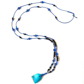 TURQUOISE THREAD NECKLACE WITH  BLUE AGATE BLACK COKE WOOD