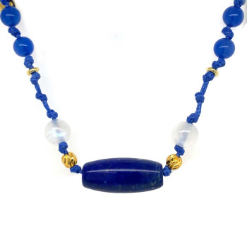 LAPIS THREAD NECKLACE WITH BLUE AGATE AND MOON STONE 