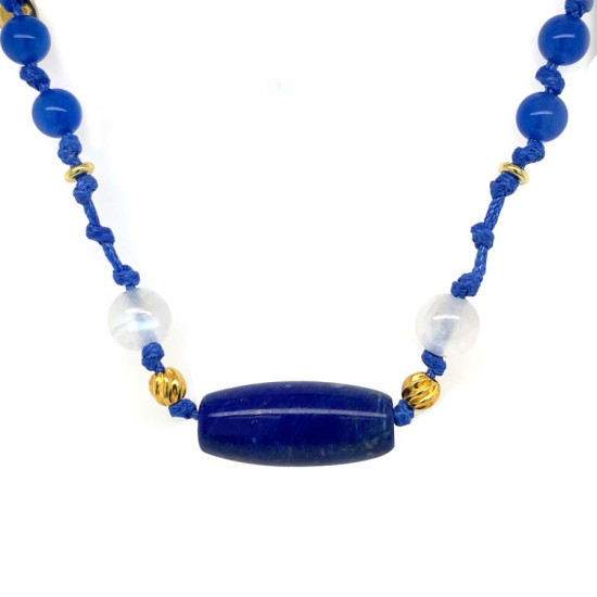 LAPIS THREAD NECKLACE WITH BLUE AGATE AND MOON STONE 