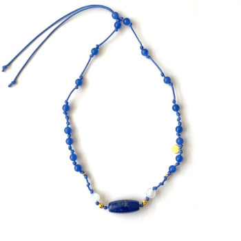 LAPIS THREAD NECKLACE WITH BLUE AGATE AND MOON STONE 