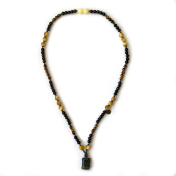 GOLD TIGEREYE NECKLACE WITH BLACK WOOD COKE AND AMBER