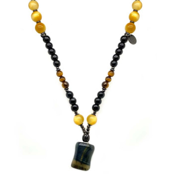 GOLD TIGEREYE NECKLACE WITH BLACK WOOD COKE AND AMBER