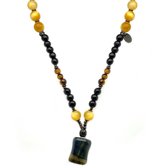 GOLD TIGEREYE NECKLACE WITH BLACK WOOD COKE AND AMBER