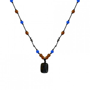String chain with blue tiger, blue agate and coke wood