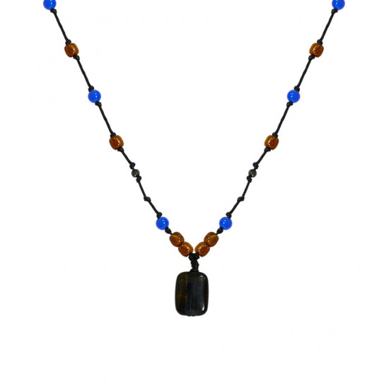 String chain with blue tiger, blue agate and coke wood