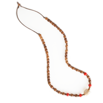 beige coral necklace with red coral and coke wood 