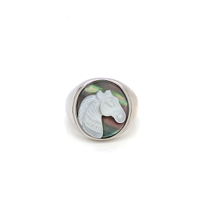 White silver sea-shell horse ring on black seashell crated in deferent colors