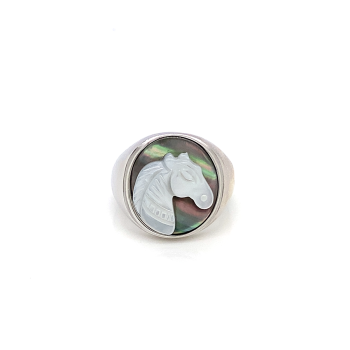 White silver sea-shell horse ring on black seashell crated in deferent colors