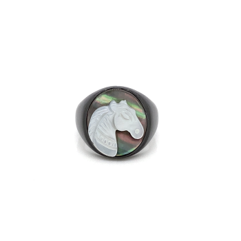 White silver sea-shell horse ring on black seashell crated in deferent colors