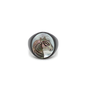 Black silver sea-shell horse ring on white seashell crated in deferent colors