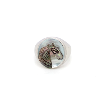 Black silver sea-shell horse ring on white seashell crated in deferent colors