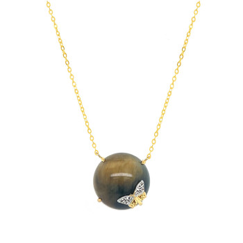 GOLD PLATED TIGER-EYE NECKLACE WITH BUTTERFLIY LOGO