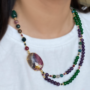 A SPECIAL GOLD PLATED NECKLACE WITH FABULOUS STONES, FLUORITE, TORMALINE AND blood STOON , AMETHYST AND GREEN JADE