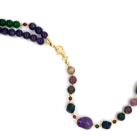A SPECIAL GOLD PLATED NECKLACE WITH FABULOUS STONES, FLUORITE, TORMALINE AND blood STOON , AMETHYST AND GREEN JADE A SPECIAL GOLD PLATED NECKLACE WITH FABULOUS STONES, FLUORITE, TORMALINE AND blood STOON , AMETHYST AND GREEN JADE