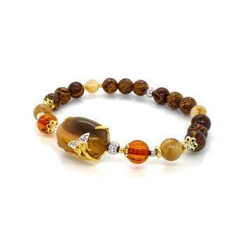 GOLD PLATED BRACELET WITH TIGER EYE STONE, AMBER STONE , GOLD THREADS STONE AND MARYAM STONE .