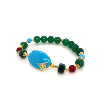 GOLD PLATED BRACELET WITH TURQUOISE , MALACHITE , RUBI AGATE AND RED AGATE