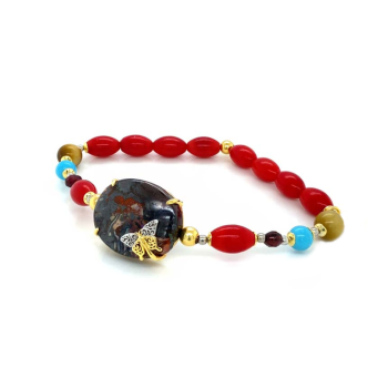 GOLD PLATED BRACELET WITH OPAL , RED CORAL , TURQUOISE AND BROWN QUARTZ