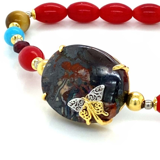 GOLD PLATED BRACELET WITH OPAL , RED CORAL , TURQUOISE AND BROWN QUARTZ