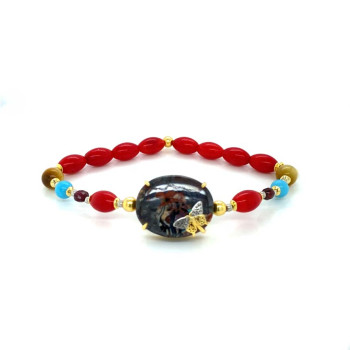 GOLD PLATED BRACELET WITH OPAL , RED CORAL , TURQUOISE AND BROWN QUARTZ