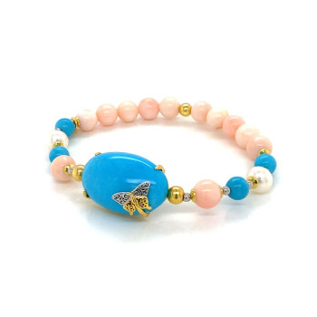 GOLD PLATED BRACELET WITH TURQUOISE , PEARLS , TURQUOISE AND PINK CORL 
