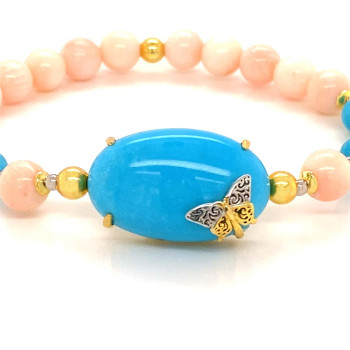 GOLD PLATED BRACELET WITH TURQUOISE , PEARLS , TURQUOISE AND PINK CORL 