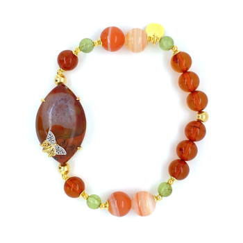 GOLD PLATED BRACELET WITH RED AGATE , HONEY AMBER , SULEIMANI AGATE AND GREEN GARNET