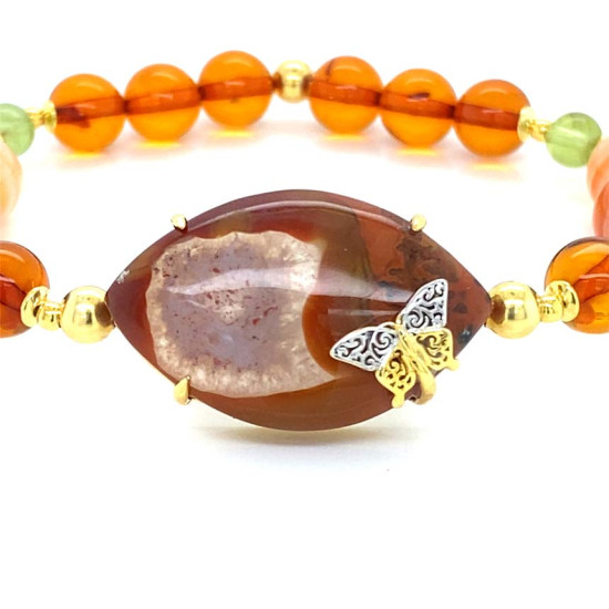 GOLD PLATED BRACELET WITH RED AGATE , HONEY AMBER , SULEIMANI AGATE AND GREEN GARNET GOLD PLATED BRACELET WITH RED AGATE , HONEY AMBER , SULEIMANI AGATE AND GREEN GARNET