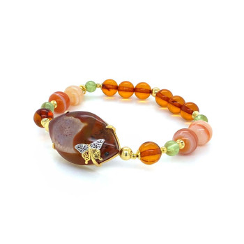 GOLD PLATED BRACELET WITH RED AGATE , HONEY AMBER , SULEIMANI AGATE AND GREEN GARNET